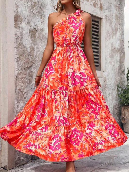 #6901 Floral Print One Shoulder Sleeveless Ruffle Hem Long Dress