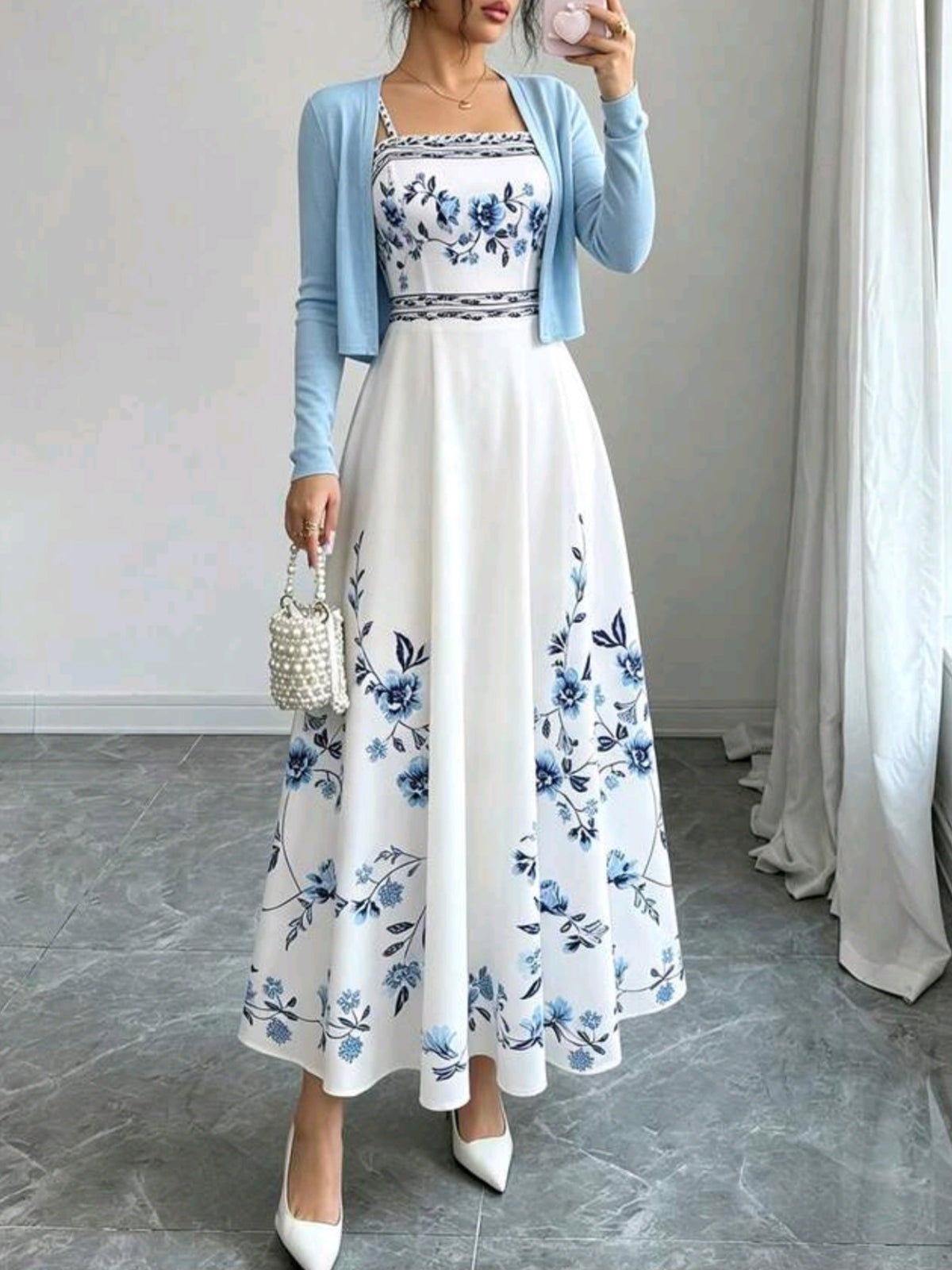4457 Cinched Waist Dress With Knit Cardigan Set