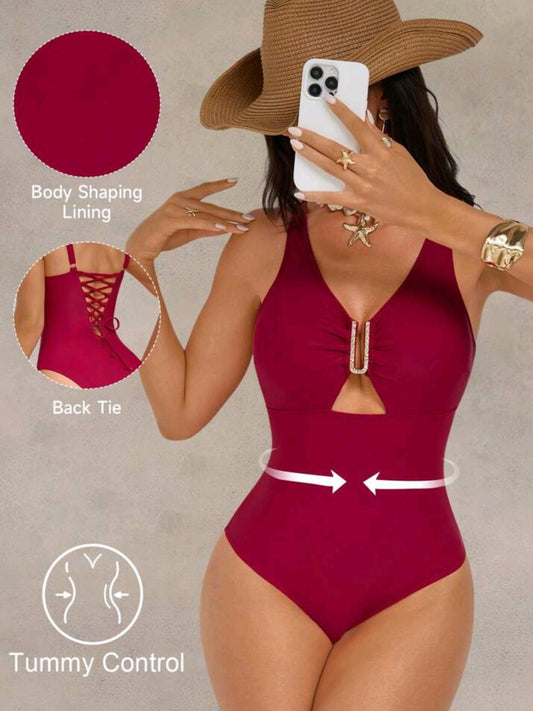 2577 Drawstring Tie Tummy Control Pushup One-Piece Swimsuit
