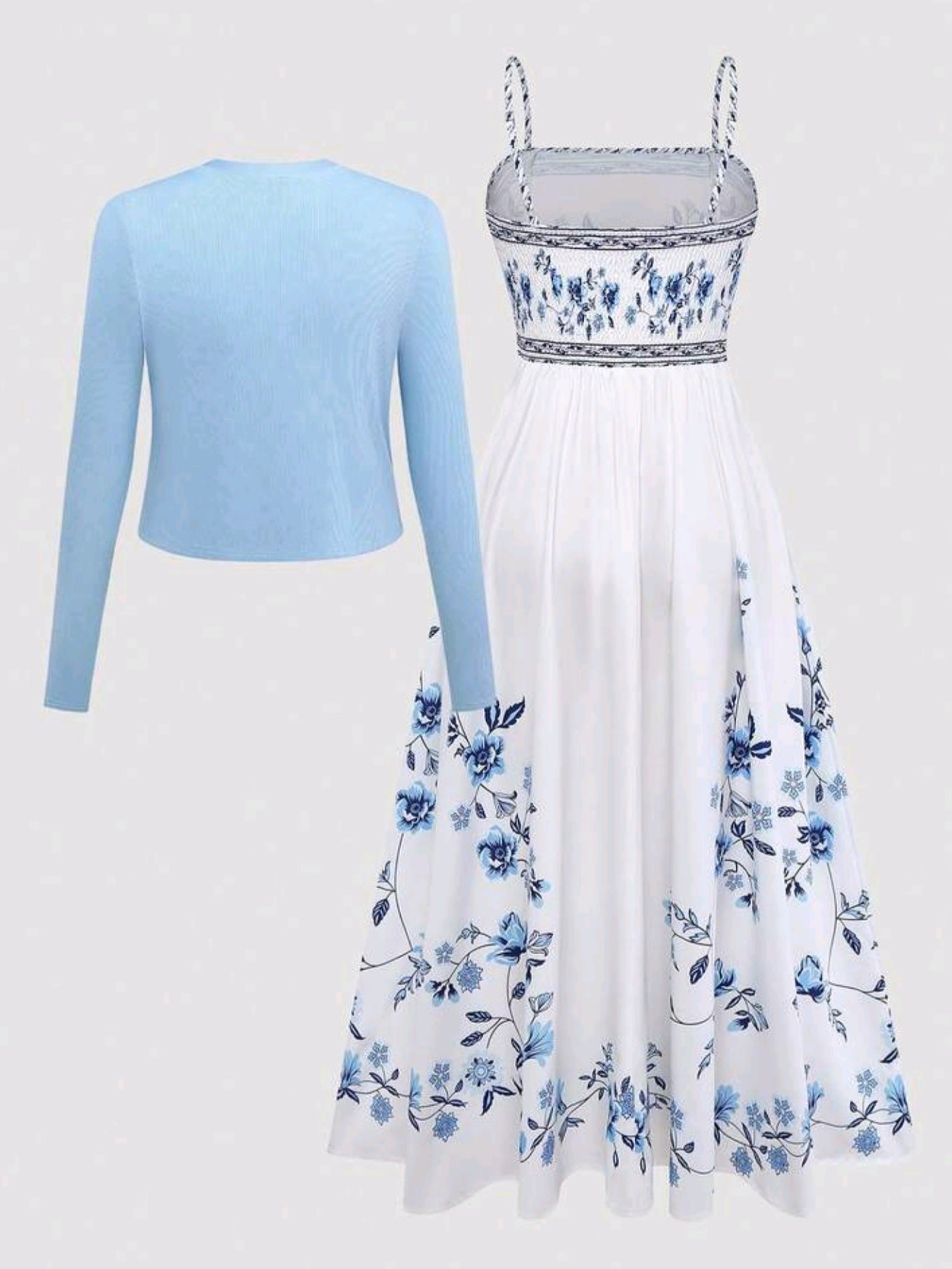 4457 2 piece set Floral Print Cinched Waist Dress With Knit Cardigan Set