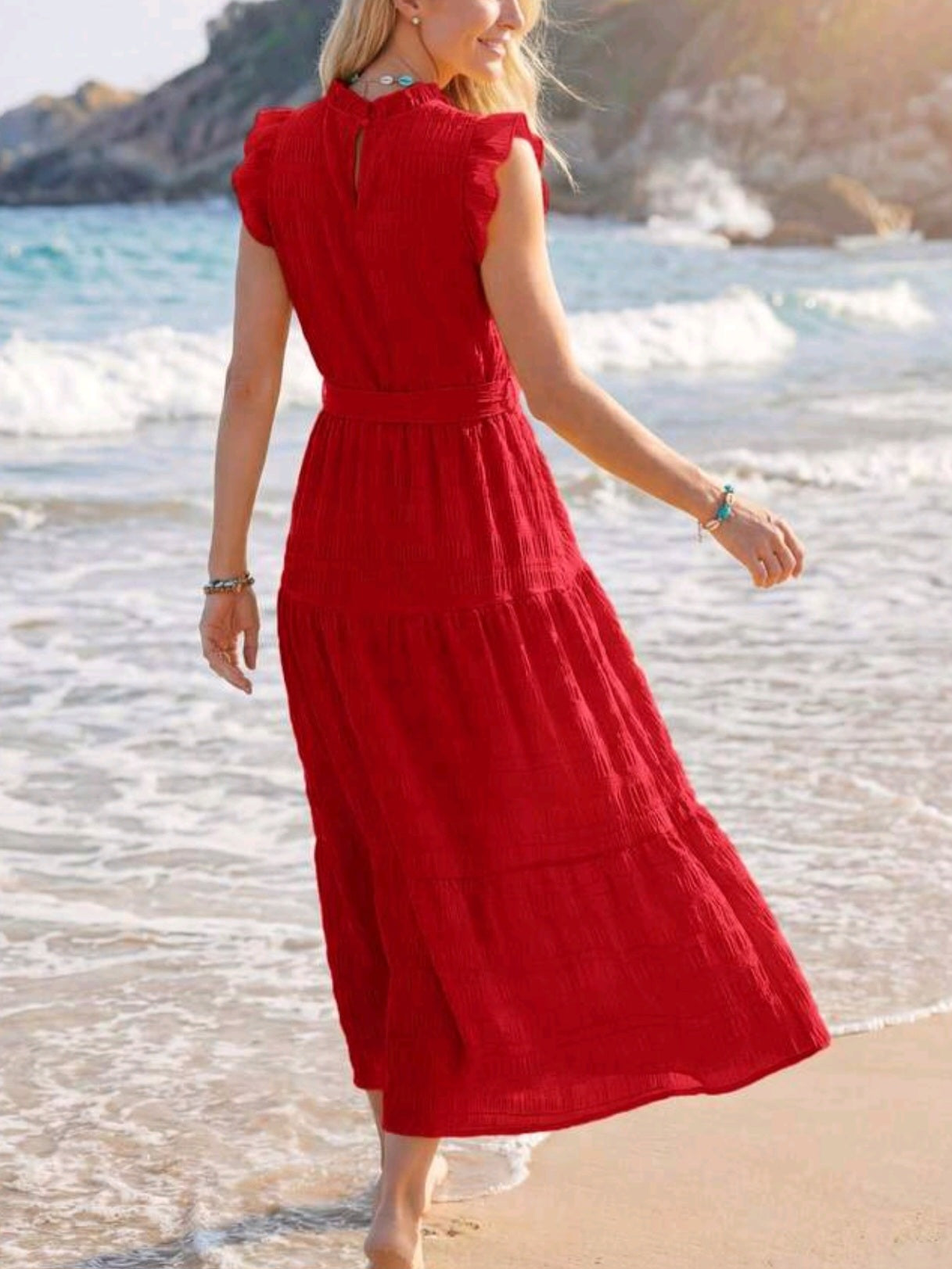 5505 Frill Trim Ruffle Hem Belted Dress