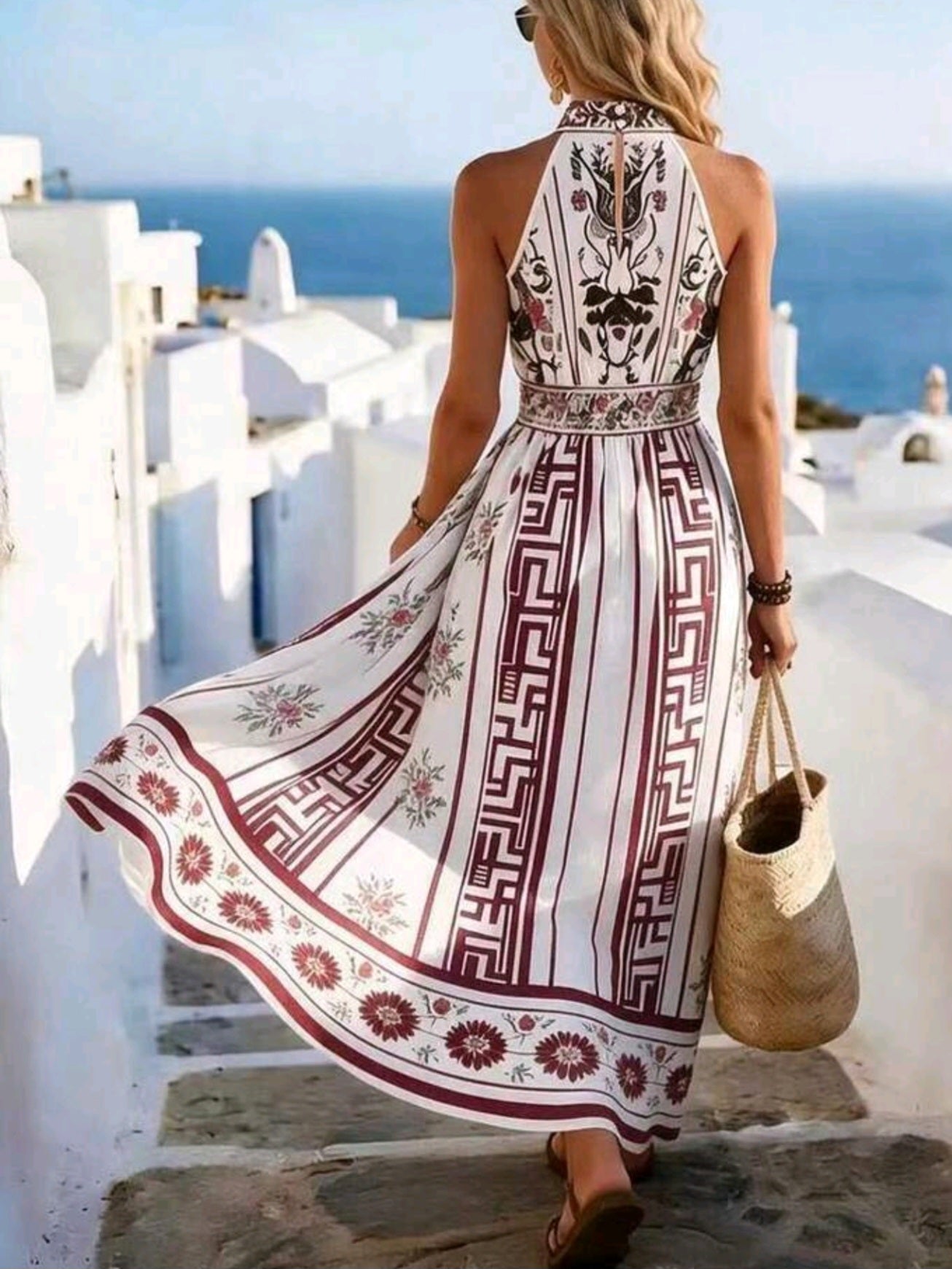 2179 Floral & Geometric Pattern High Neck Dress
