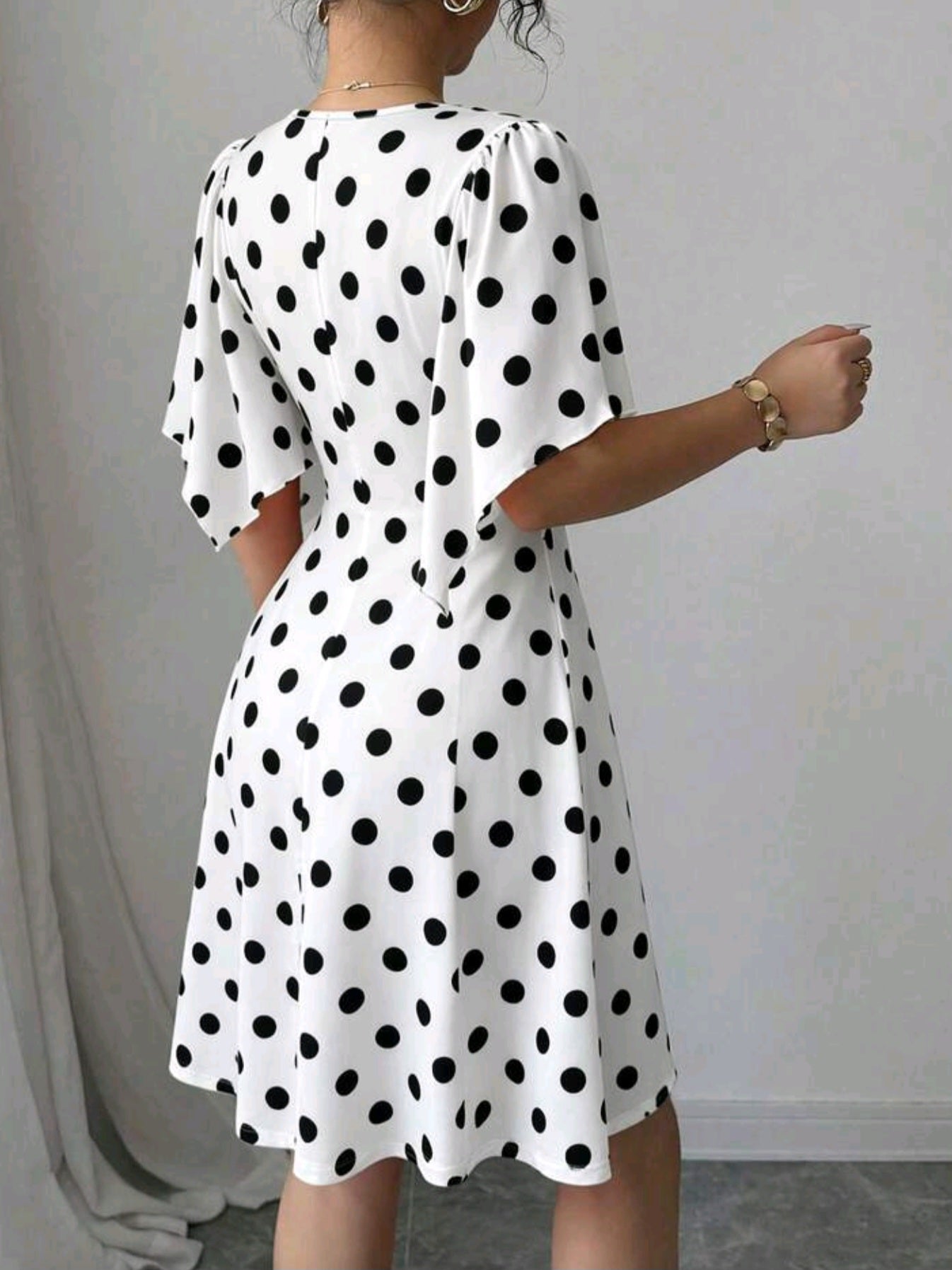 8321  V-Neck Ruched Bust Ruffle Sleeve Cinched Waist Dress