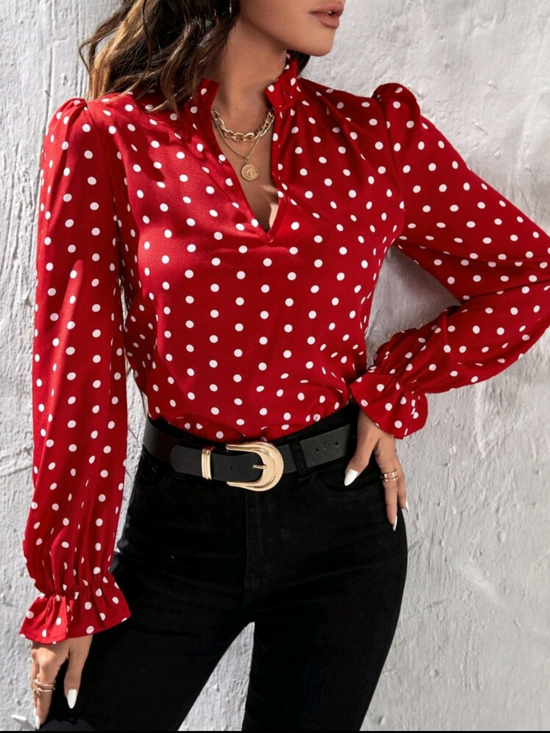 Frill Notched Neck Flounce Sleeve Blouse