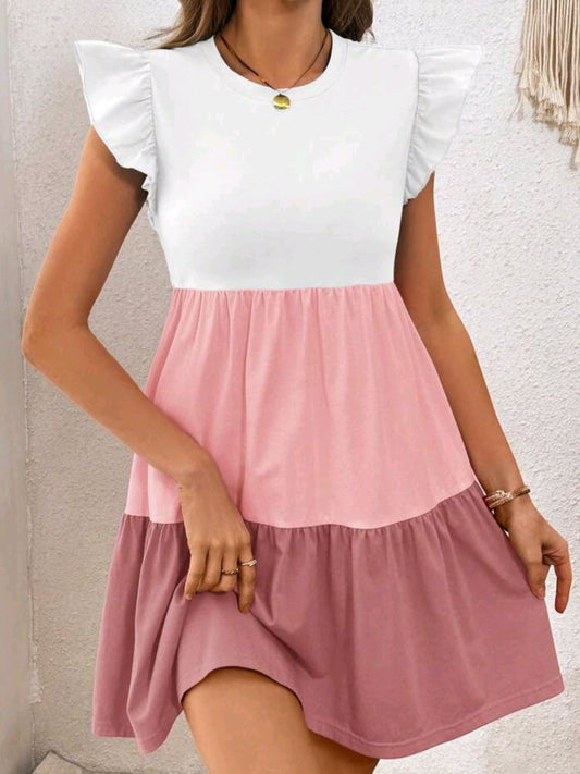8354 Cap Sleeve Color Blocking Dress
