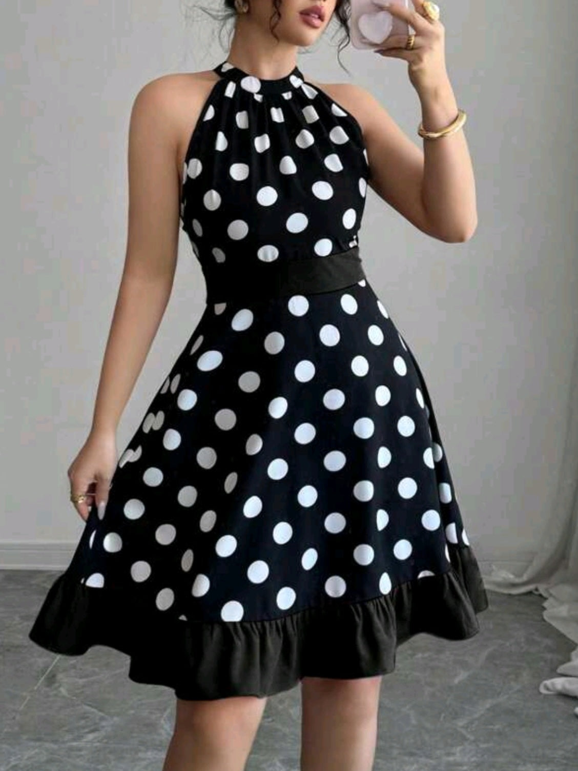 3091 Polka Dot Print Halter Neck Dress