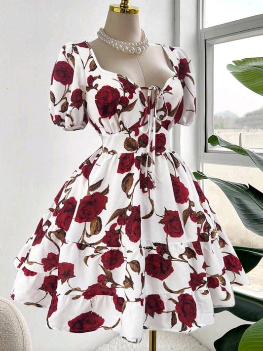 1641  V-Neck Short Sleeve Bow Tie Dress