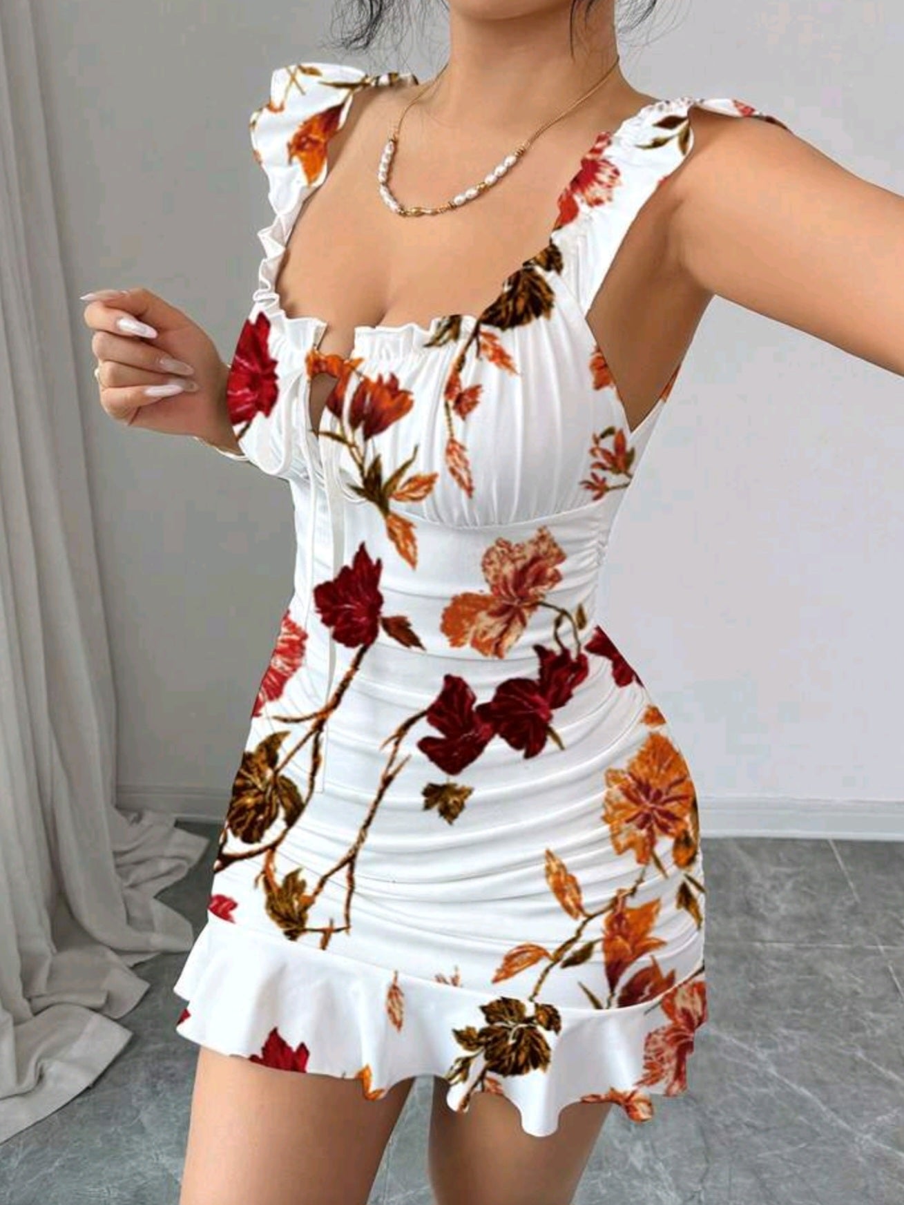 0910 Off-Shoulder Ruffle Hem Cami Dress