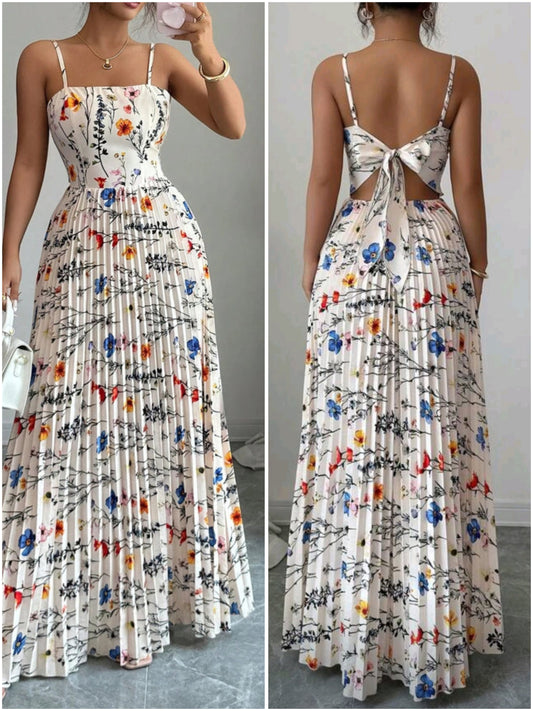 1904 Floral Print Pleated Tie-Up Backless Dress