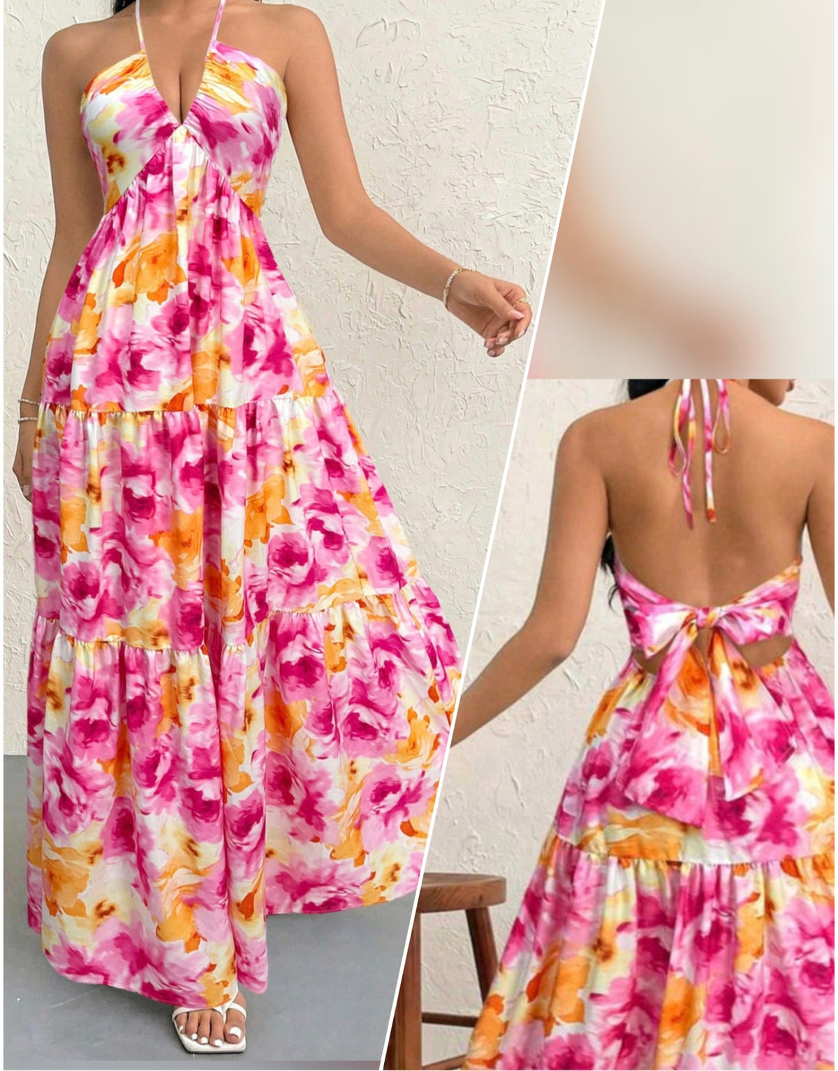 0118 V-Neck Layered Floral Print Open Back Tie Dress
