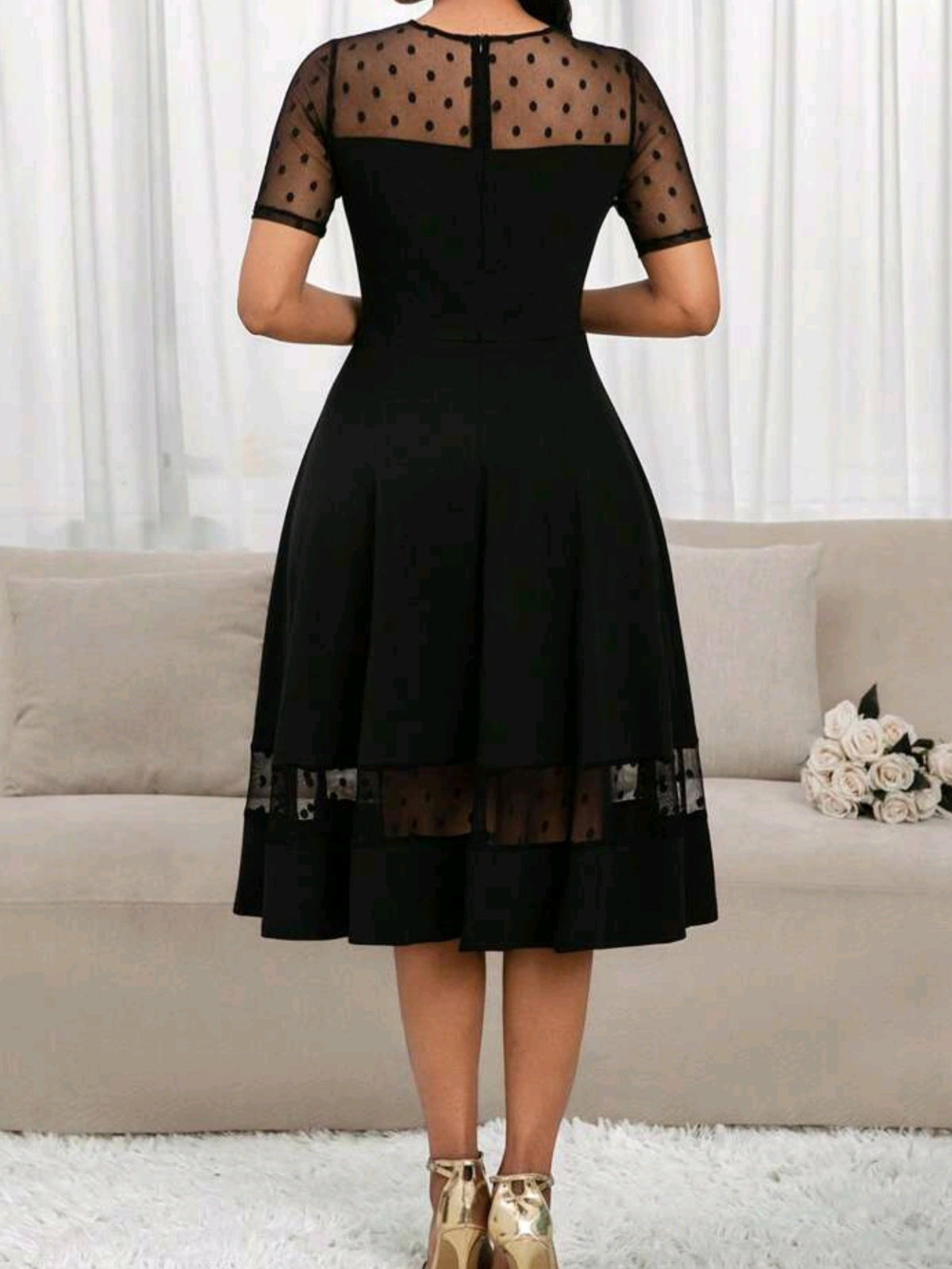 8495 Mesh Splicing Short-Sleeved A-Line Dress