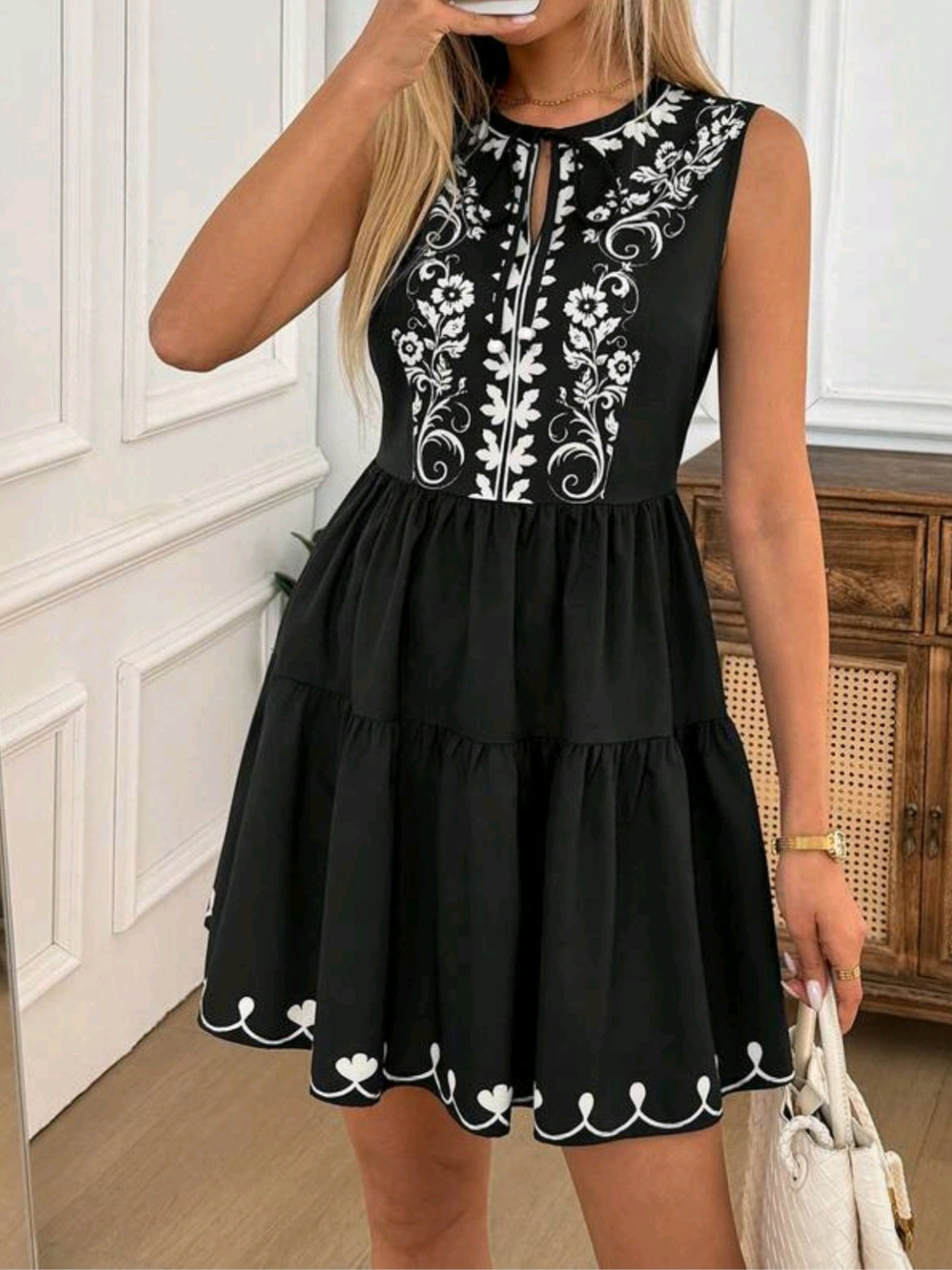2206 Crew Neck Tie Bow Ruched Ruffle Hem Dress