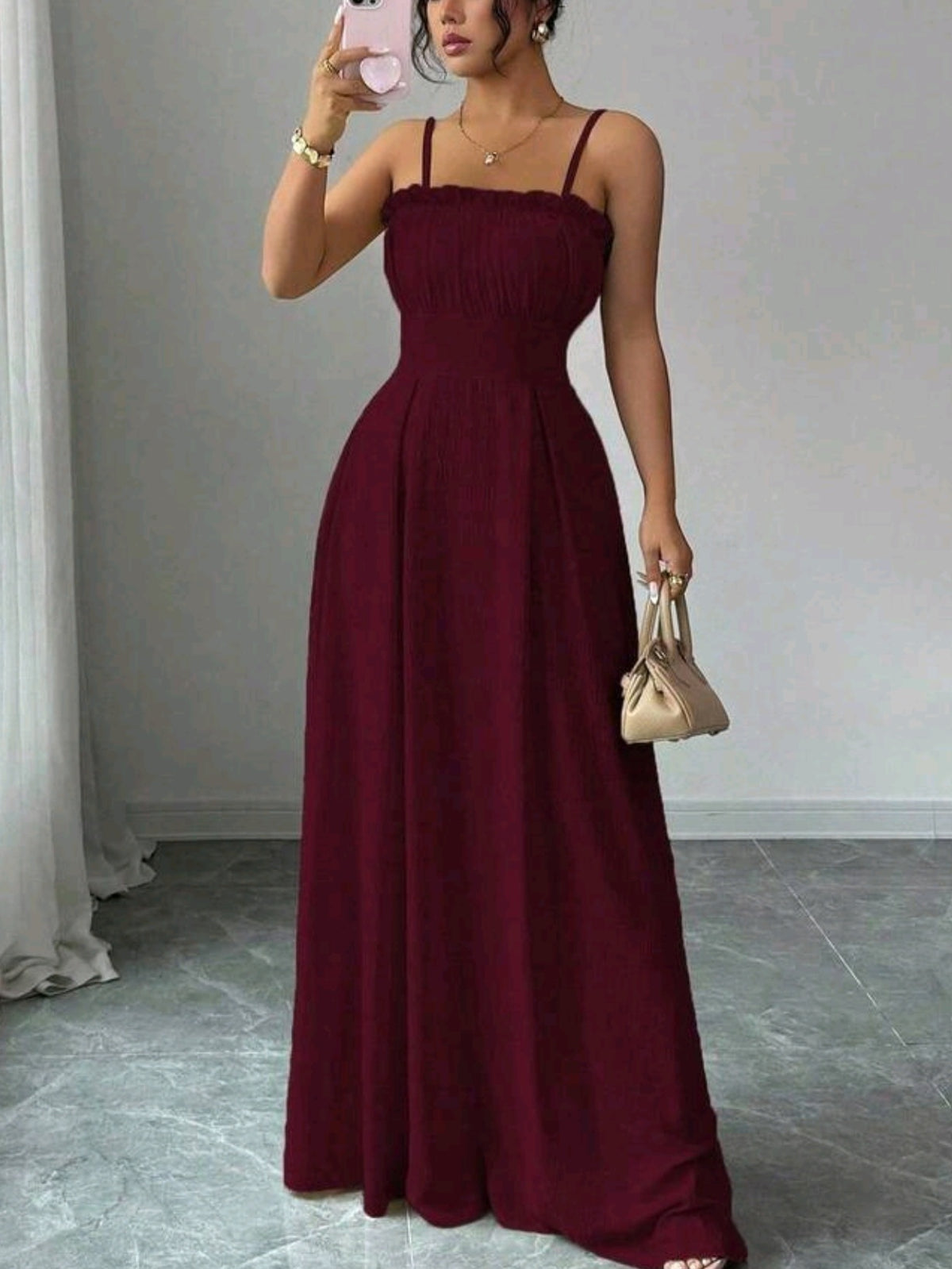 0234 Square Neck Camisole Waist Flared Ruffle Hem Dress