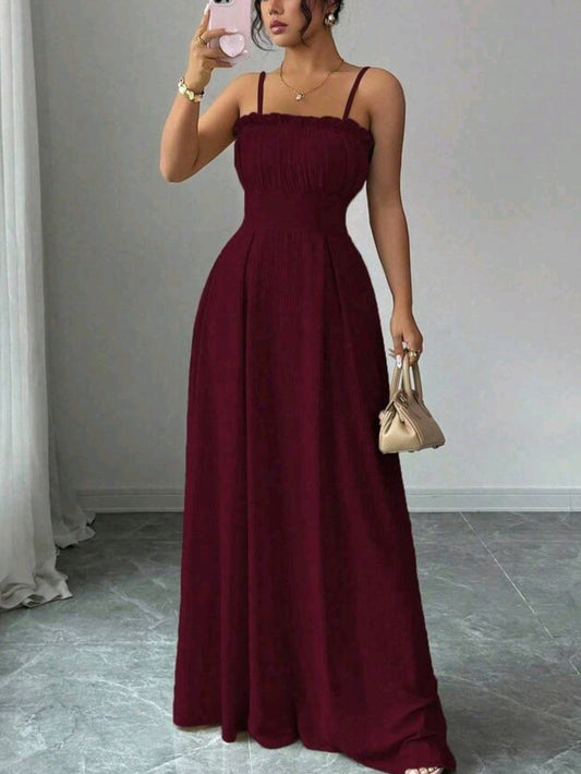 0234 Square Neck Camisole Waist Flared Ruffle Hem Dress