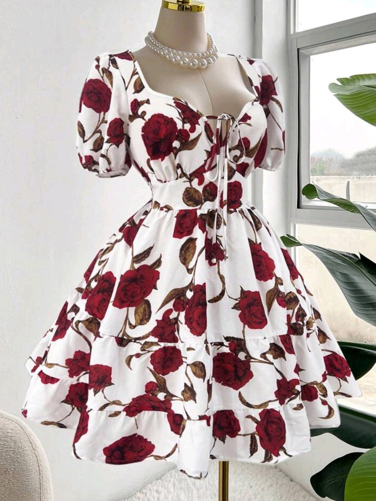 1641 V-Neck Short Sleeve Bow Tie Dress
