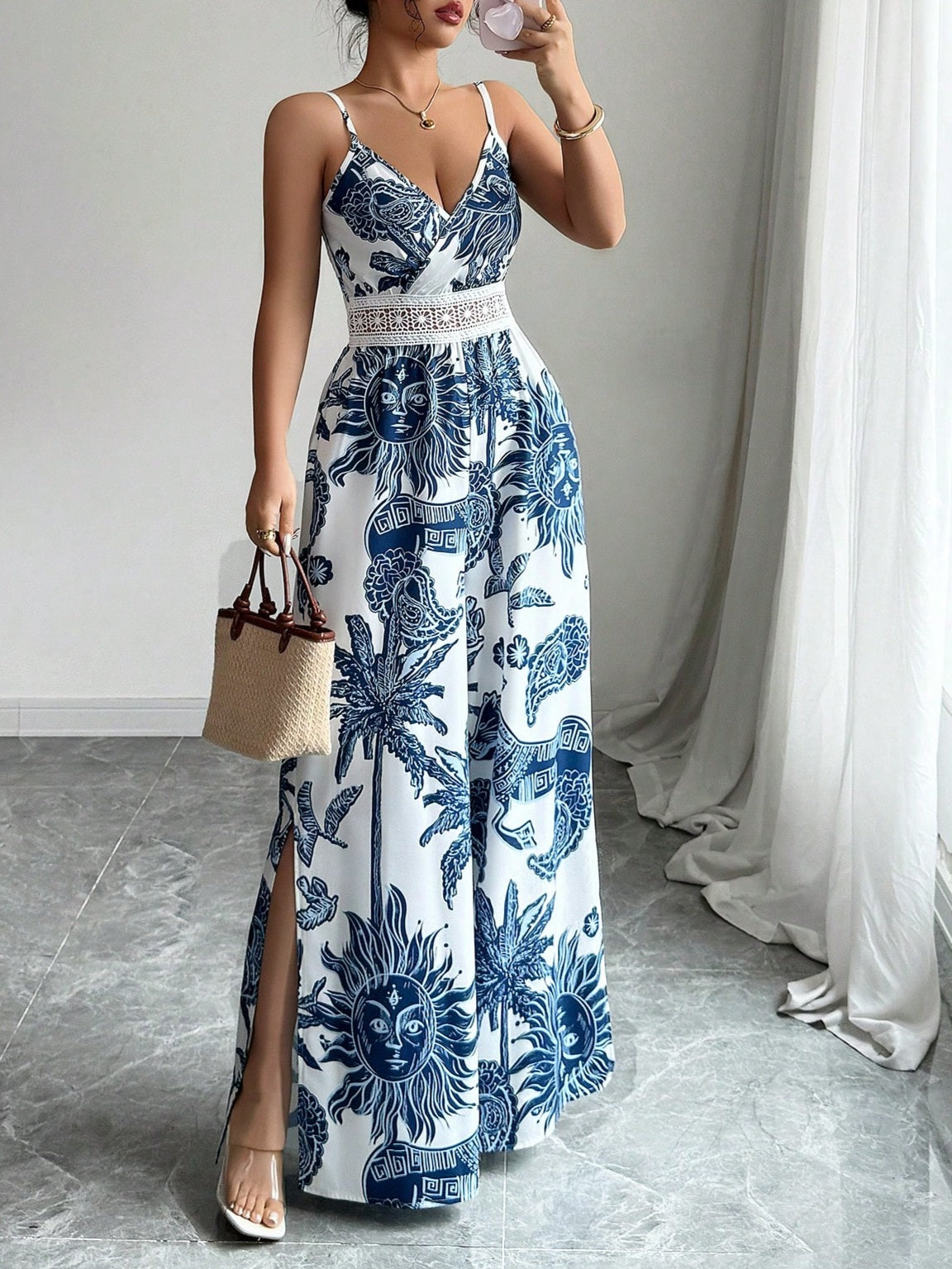 9543  V-Neck Sleeveless Cinched Waist Wide Leg Jumpsuit