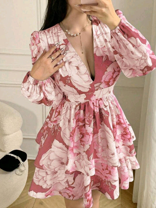 2466 Floral Print Deep V-Neck Lantern Sleeve Dress