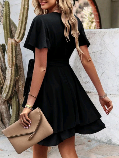 Butterfly Sleeve Layer Hem Belted Dress