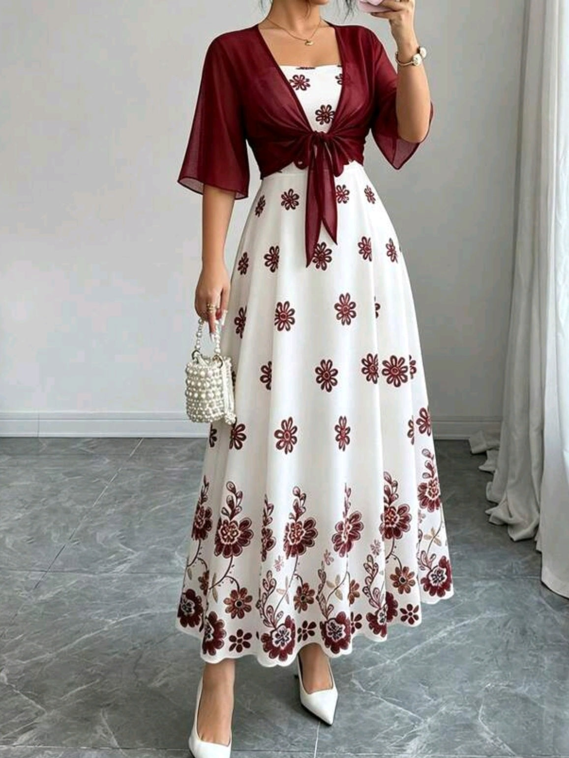 5207  Floral Print Dress with Chiffon Outerwear