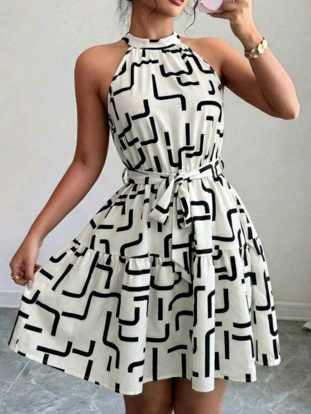 2978 Asymmetrical Geometric Print Cinched Waist Dress