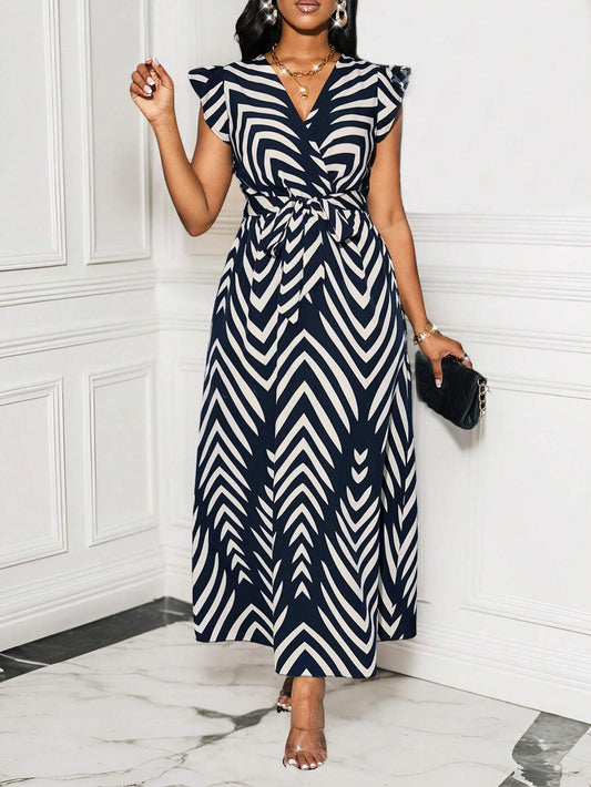 0822 V-Neck Tie-Waist Flared Dress With Flutter Sleeves