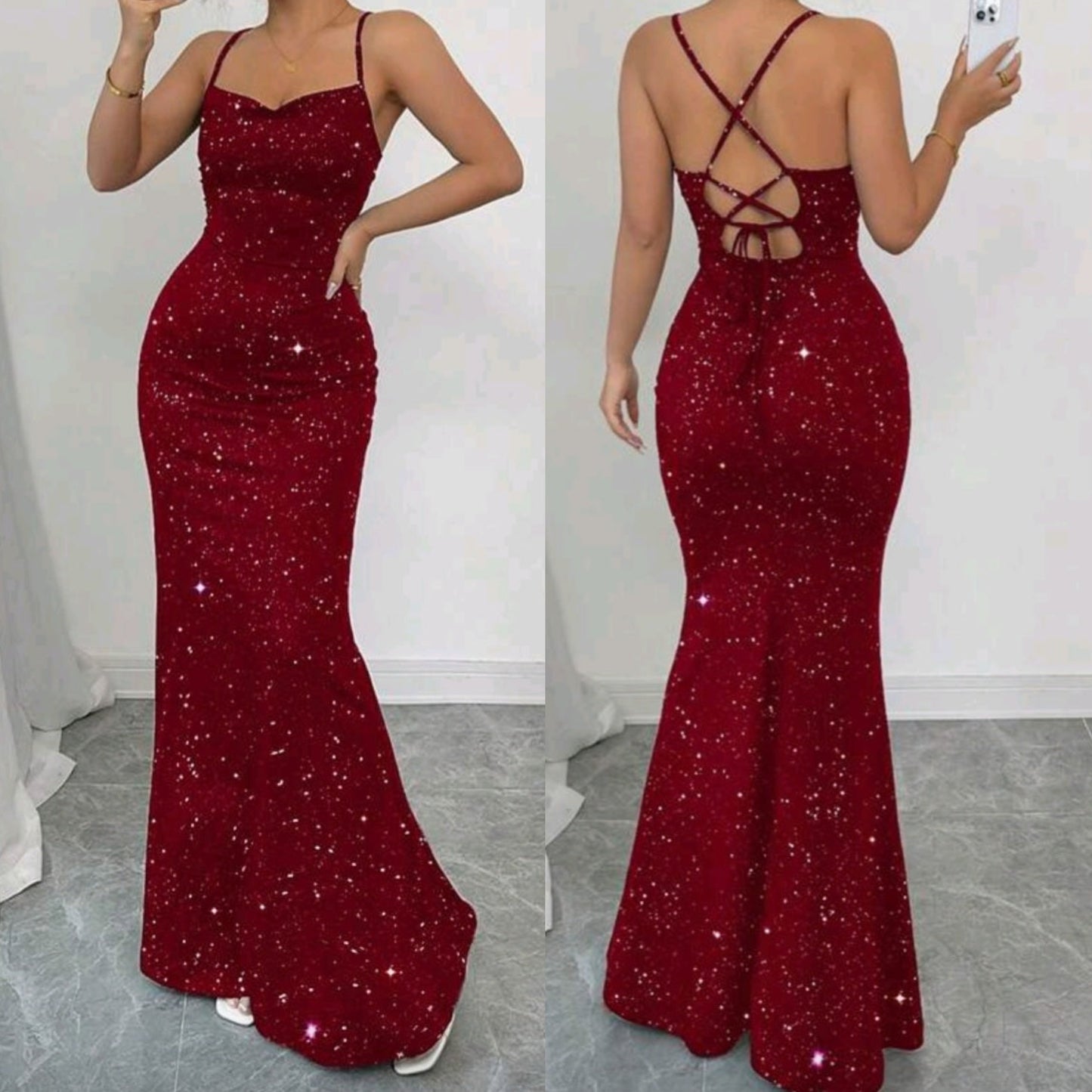#2718 Elegant Banquet Glitter Spaghetti Strap Open Back Mermaid Dress