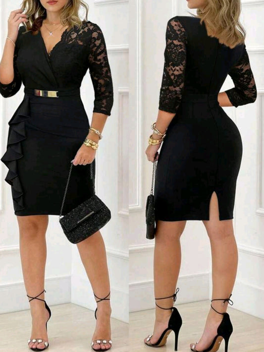 7602 V-Neck 3/4 Sleeve Lace Patchwork Ruffle Hem Bodycon Zipper Back Belted Dress