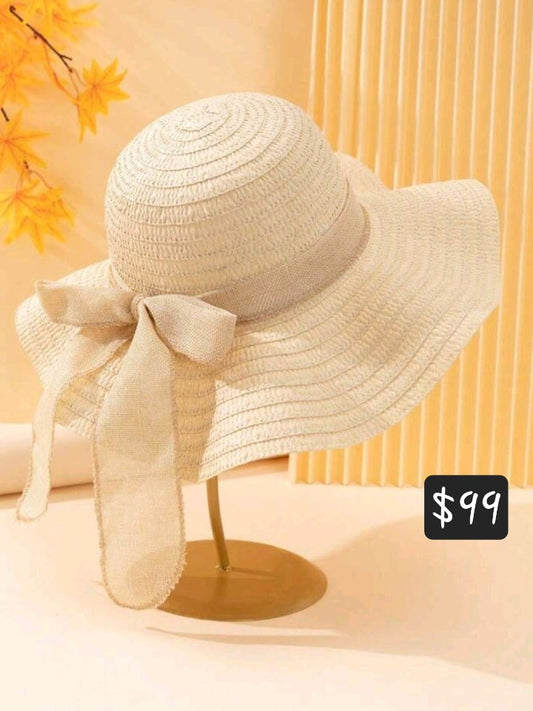 #7694 Wave Striped Bow Straw Sun Hat