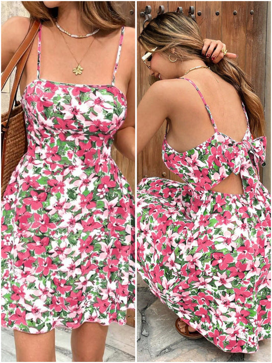 # 9697 Floral Print Backless Knot Mini Dress
