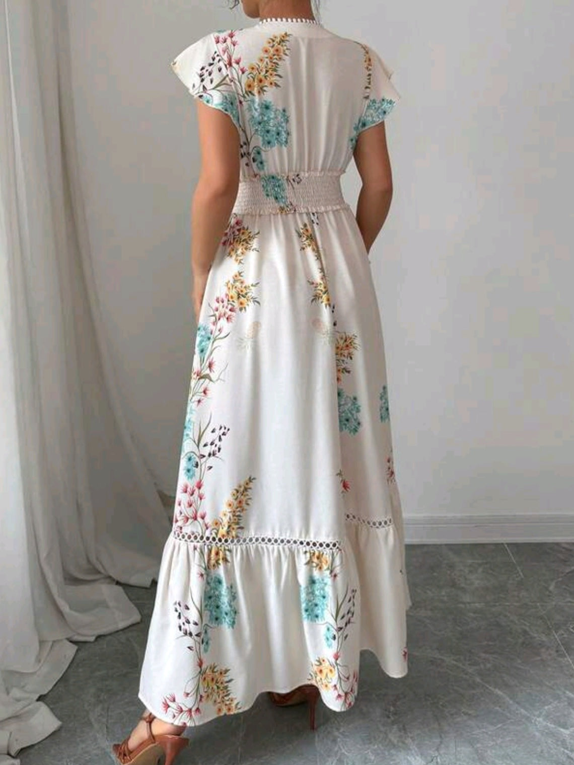 1707 / 2440 Floral Print Shirred Design Ruffle Waist Dress