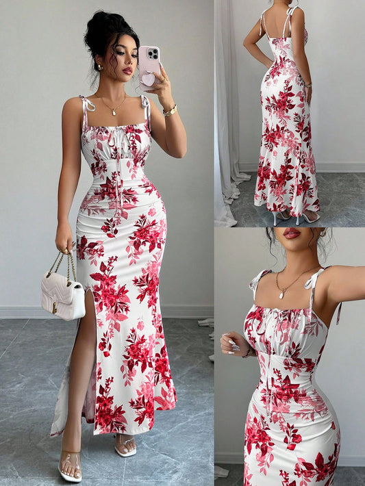 #0330 Spaghetti Strap Tie Bow Waist Ruched Hem Slit Design Dress