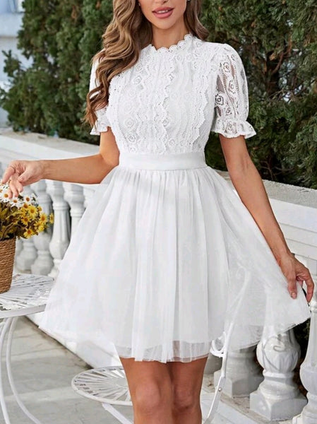 Contrast Lace Mock Neck Puff Sleeve Mesh Overlay Dress