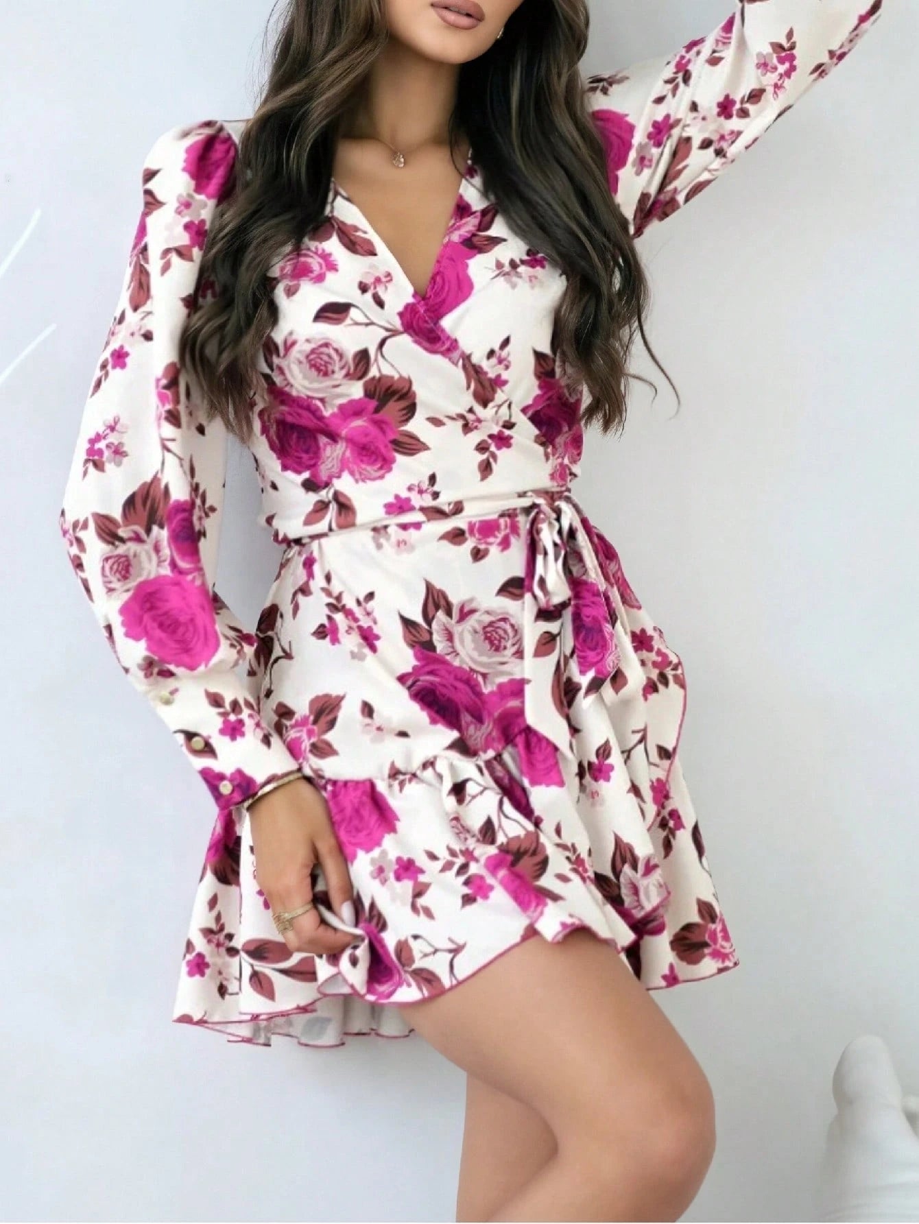 0471 V-Neck Long Sleeve Tie-Up Asymmetric Dress