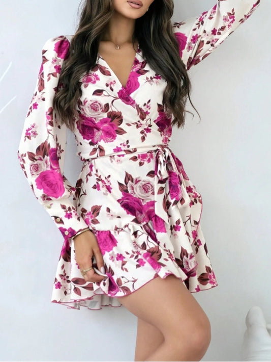0471 V-Neck Long Sleeve Tie-Up Asymmetric Dress