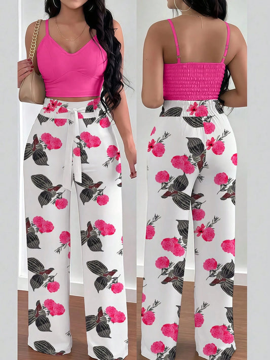 8687 2pcs/Set  Cami Top With Elastic Waist Tie Floral Palazzo Pants