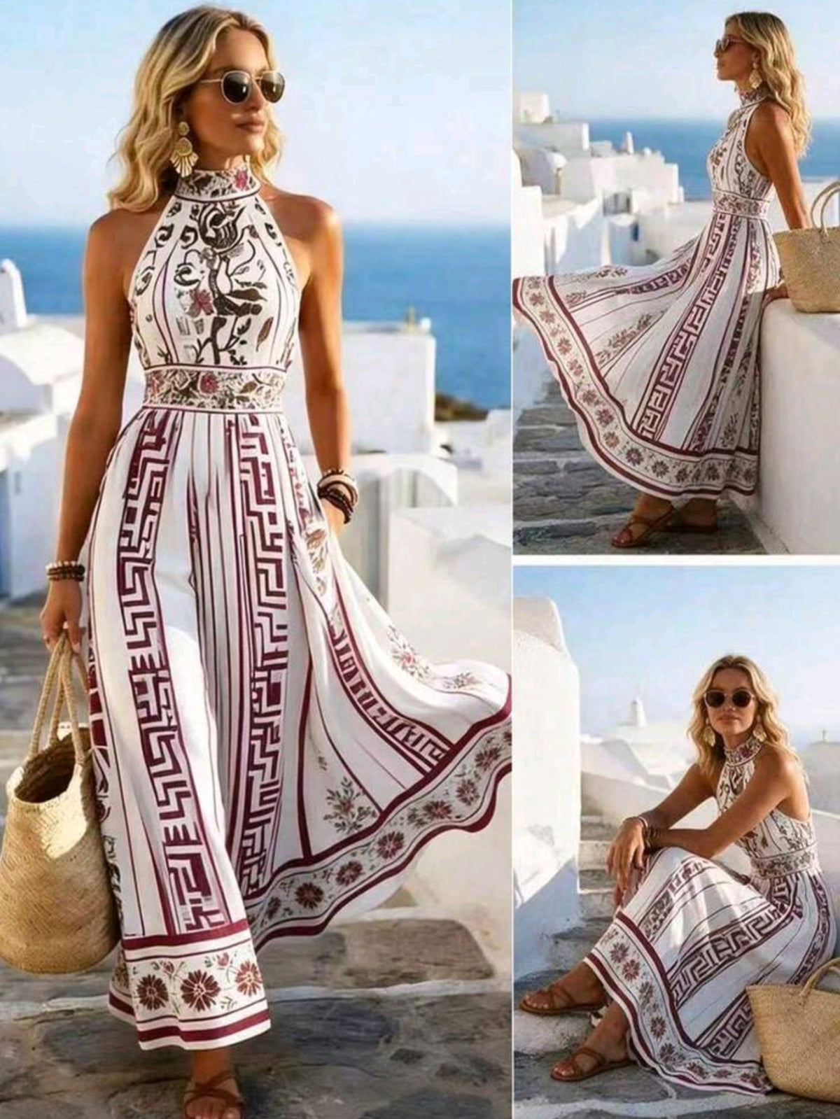 2179 Floral & Geometric Pattern High Neck Dress