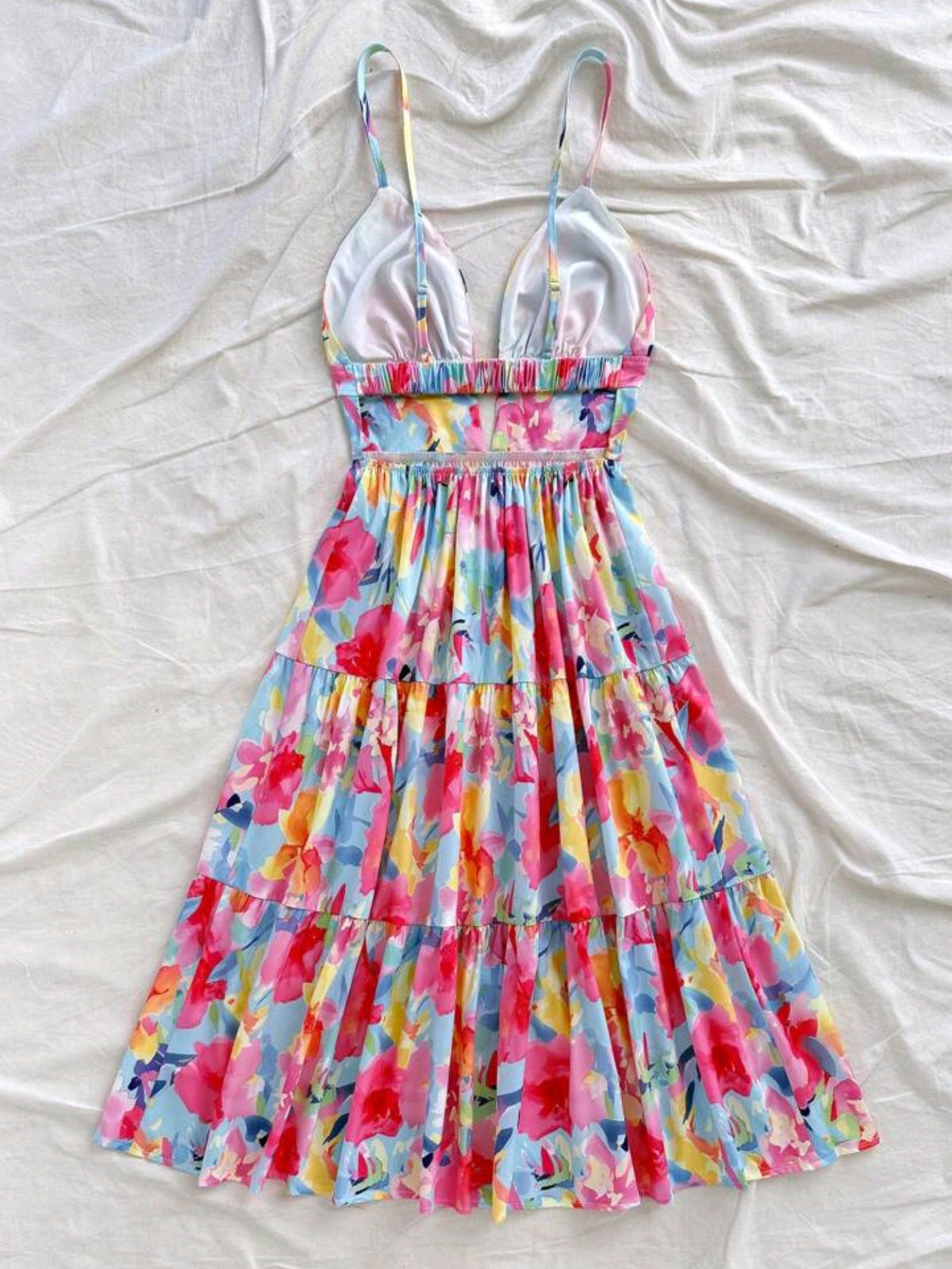 3656 V-Neck Hollow Backless Colorful Floral Print Mid-Length Dress