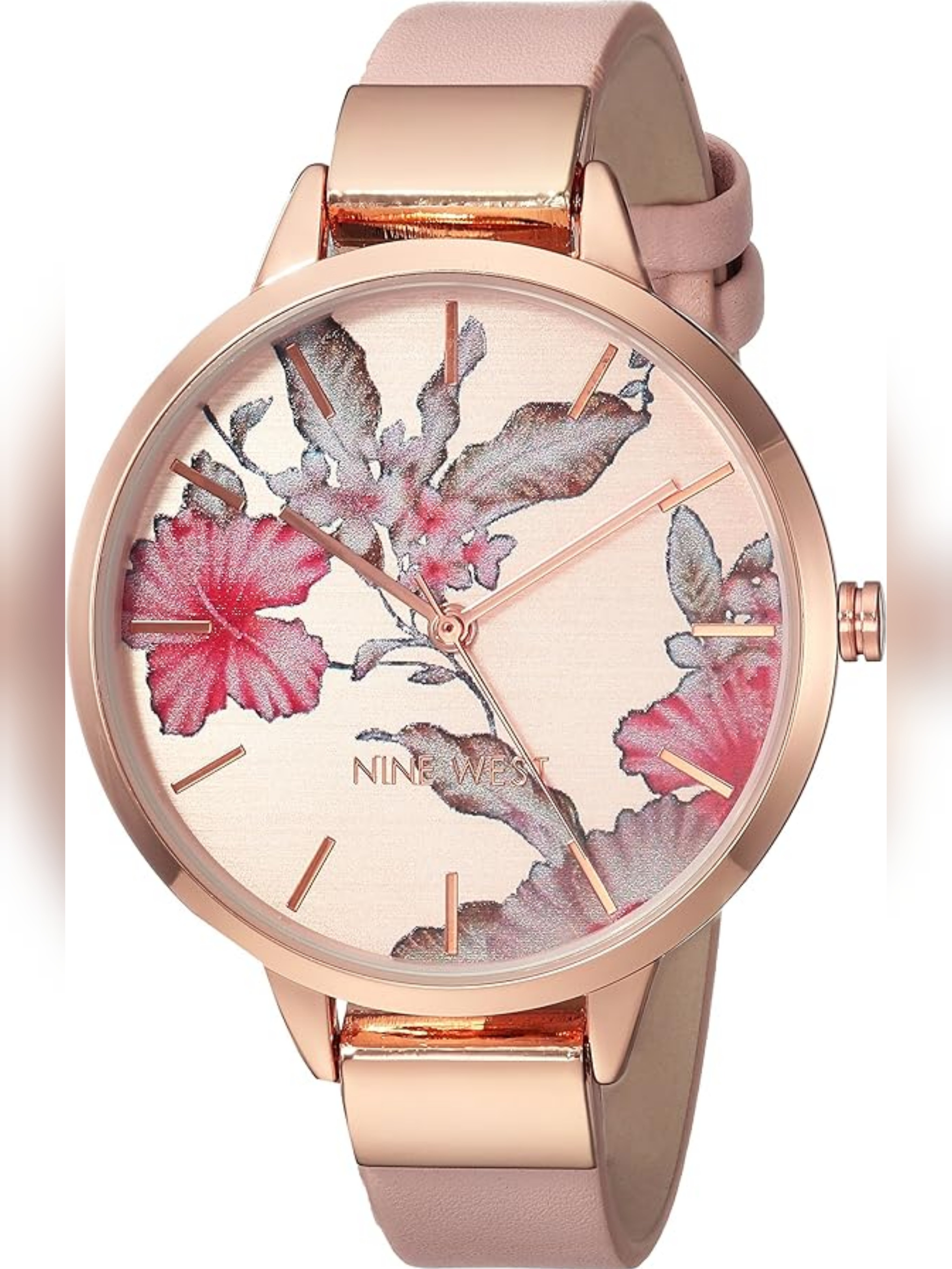 NW 2044RGPK Nine West Watch Floral Dial Strap Light Rose Gold Tone A RAY OF BEAUTY TT