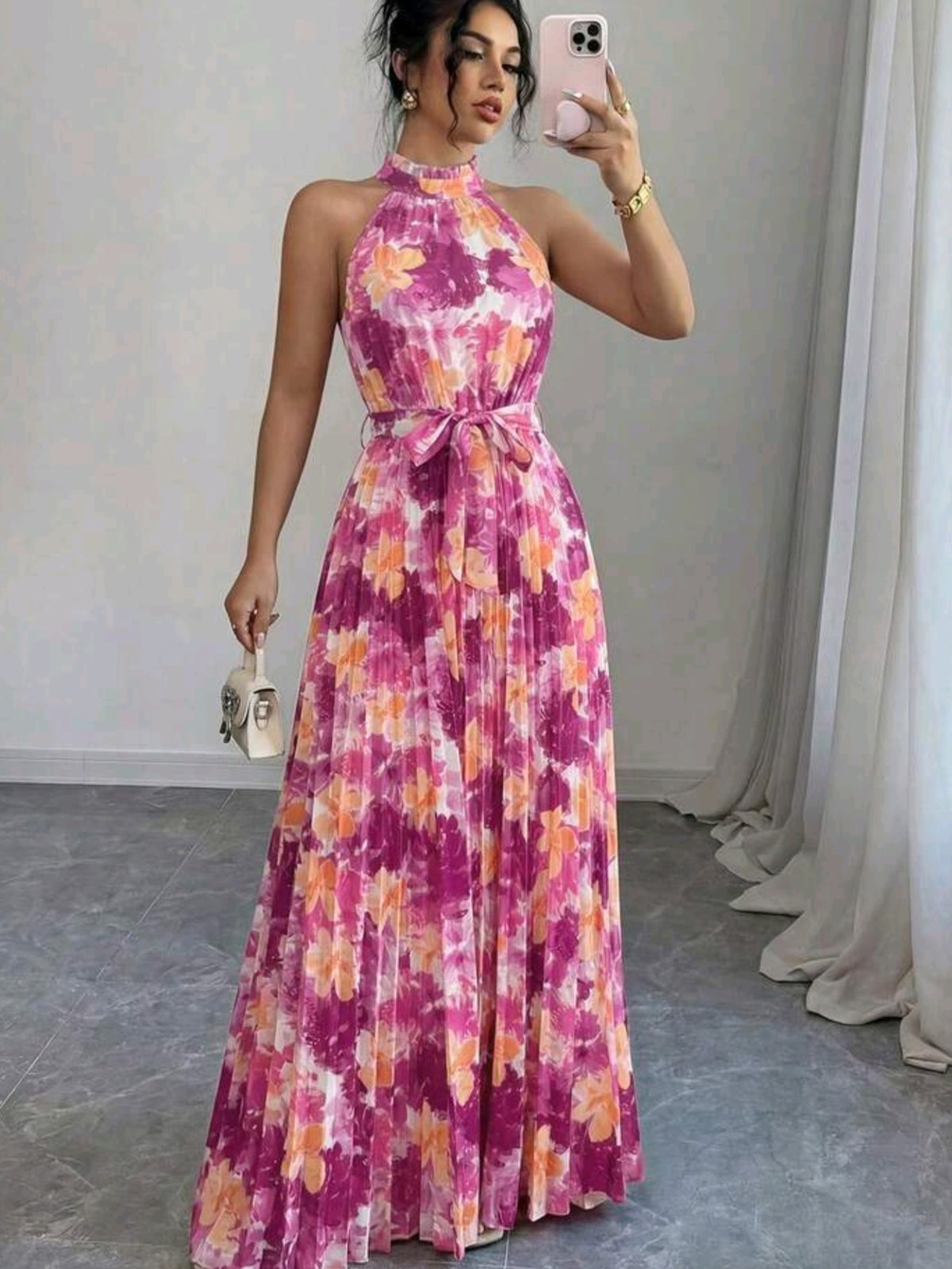 8223 Ruffle Collar Pleated Waist A-Line Dress