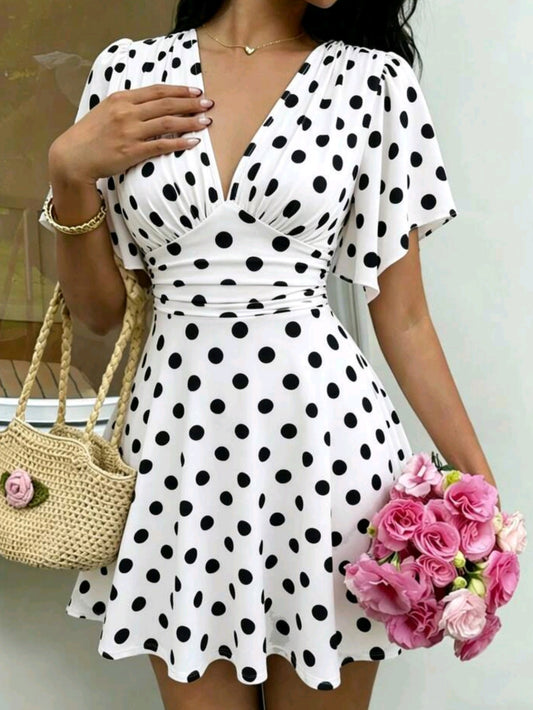 8321 V-Neck Ruched Bust Ruffle Sleeve Cinched Waist  Dress