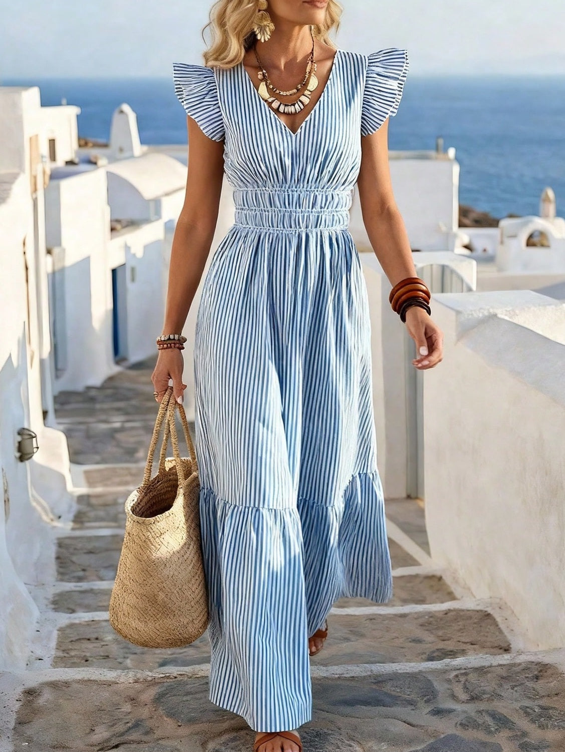 6147 V-Neck Leaf-Edge Striped Fitted A-Line Dress