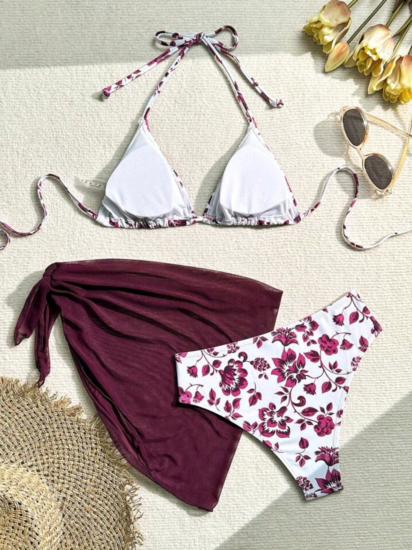 1671 3-Piece Bikini Set With Halter-Neck Top, Swim Bottom And Tie-Side Skirt