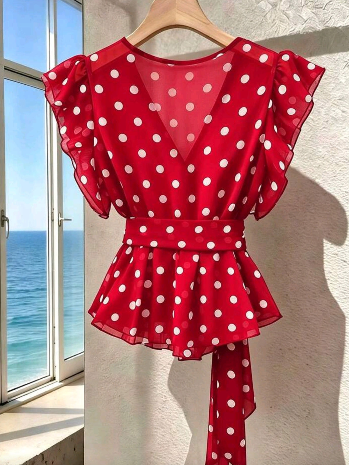 1511 Polka Dot V-Neck Premium Mesh Sleeveless Blouse
