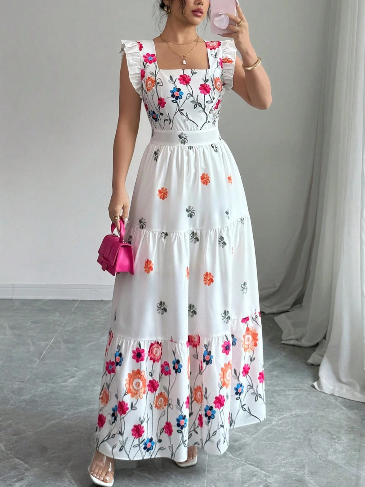 7195 Waist Cinching Square Neck Cap Sleeve Dress