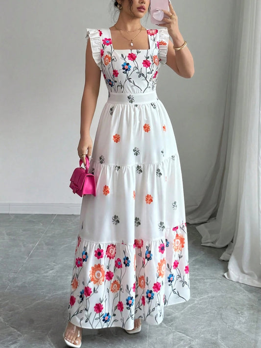7195 Waist Cinching Square Neck Cap Sleeve Dress