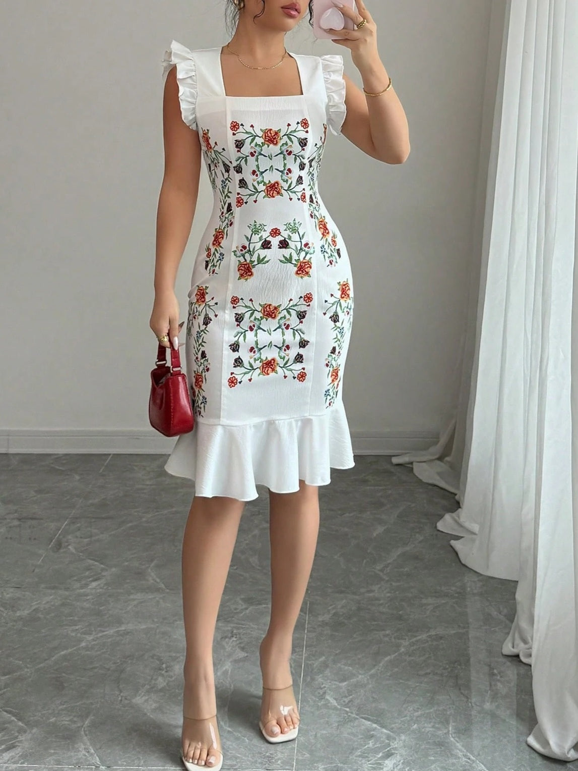 7756 Floral Print Cap Sleeve Elegant Dress
