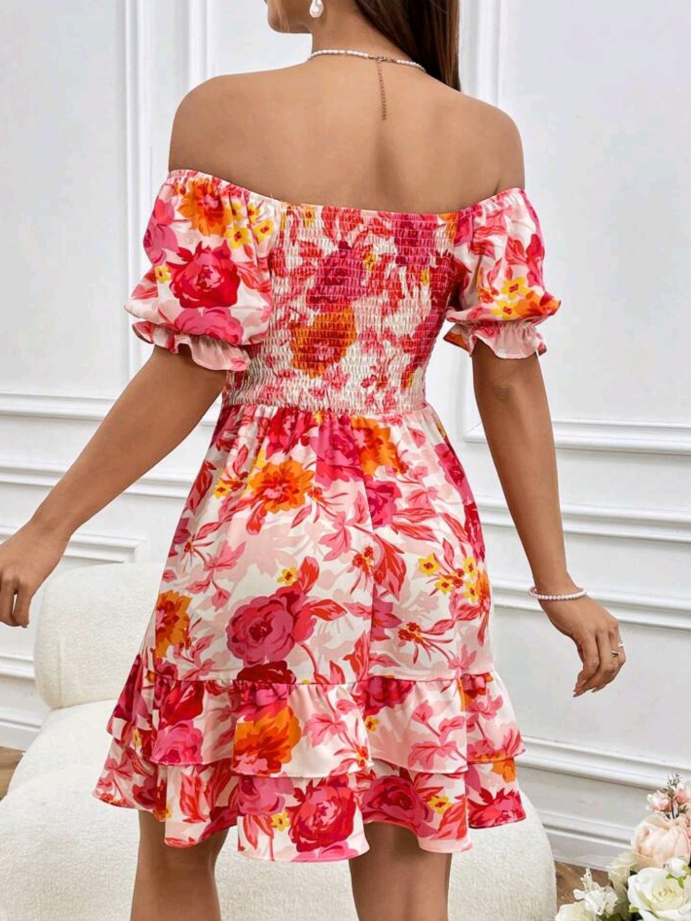 3158 Off Shoulder Puff Sleeve Layered Ruffle Hem Dress