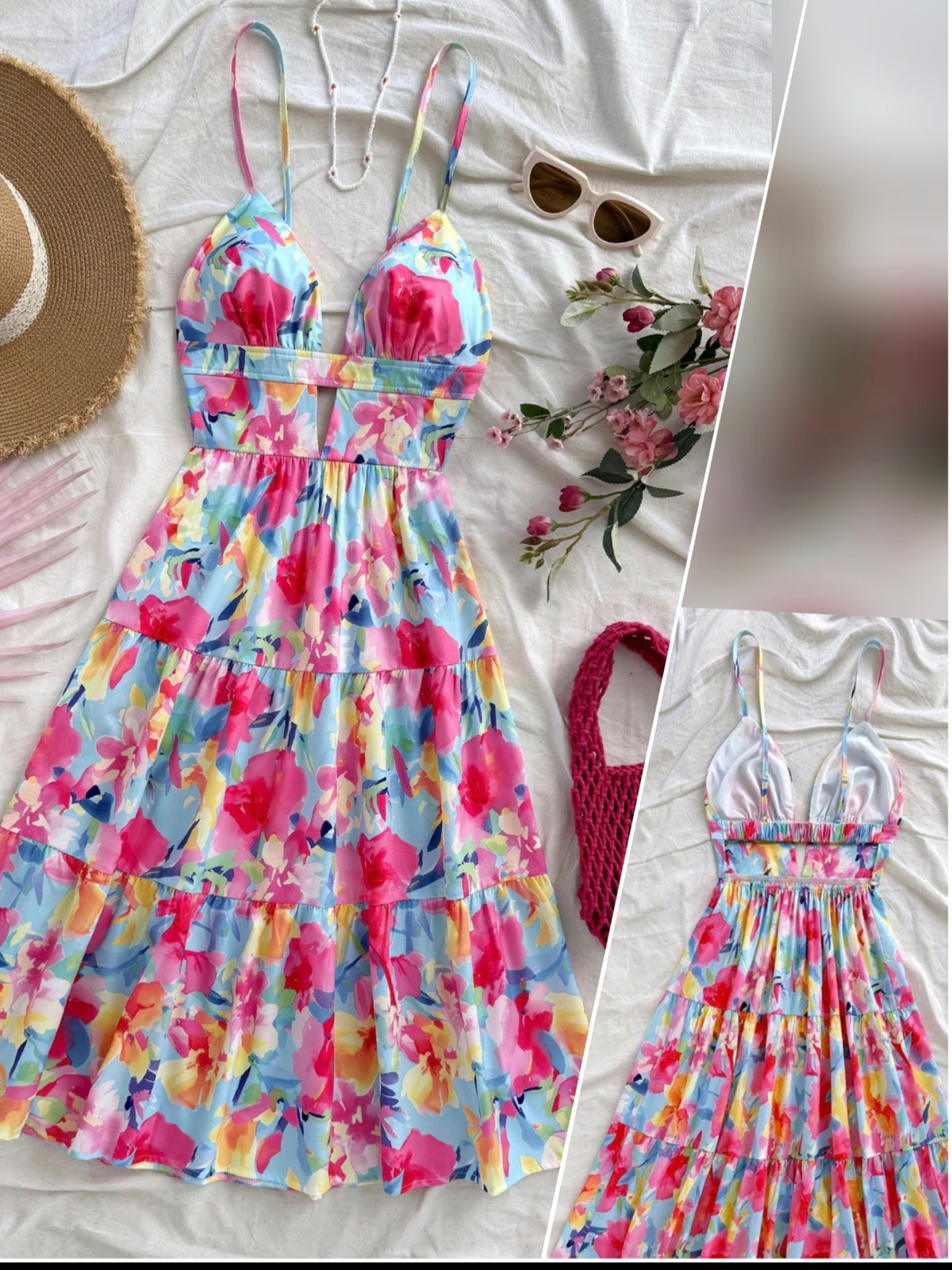 3656 V-Neck Hollow Backless Colorful Floral Print Mid-Length Dress