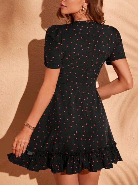 Heart Print Knot Front Ruffle Hem Dress