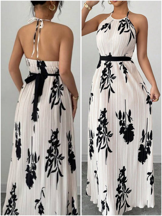 #5951 Halter Back Plant Print Dress